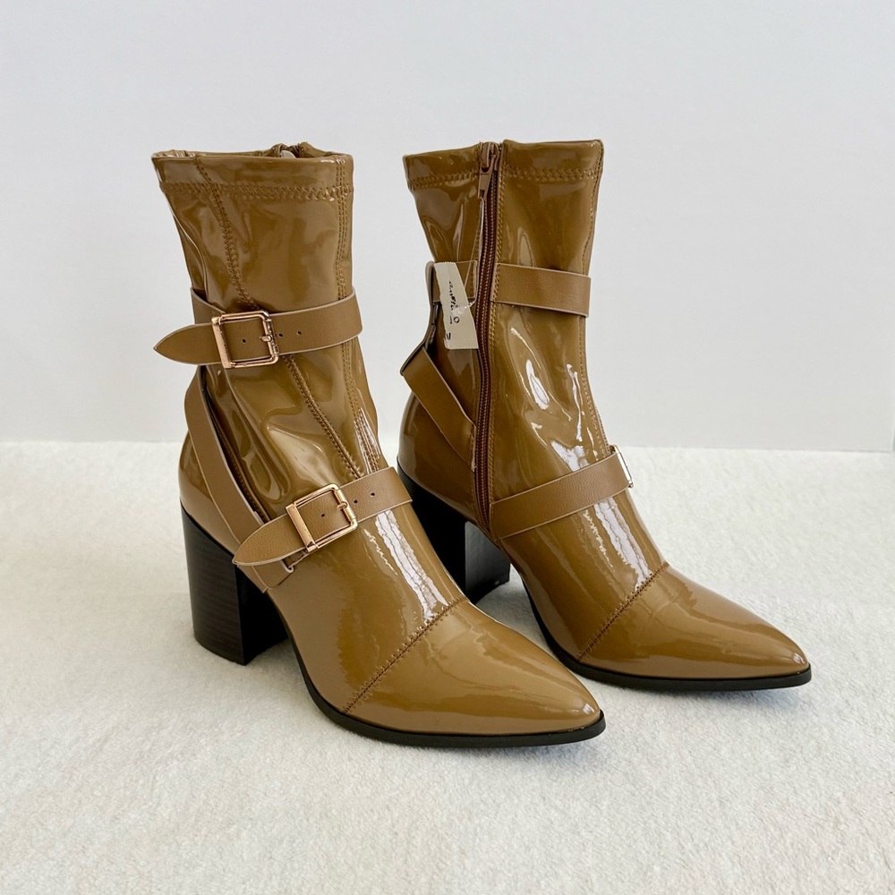 Patent Leather Tan Buckle Ankle Boots Women’s Size 6.5 NWT